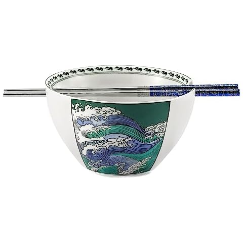 Hagary Wave Ceramic Ramen Bowl with Chopsticks Cover
