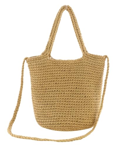 Pocadri Straw Bucket Bag Cotton Crochet Summer Beach Handmade Crossbody Bags Woven Knitted Shoulder Purse for Women, Light Brown, One Size