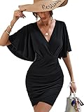 Romwe Women's Elegant Ruffle Short Sleeve V Neck Ruched Tulip Hem Bodycon ShortBlack L