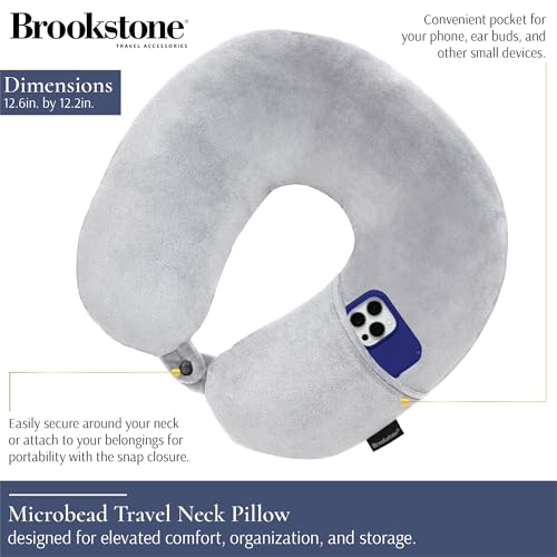 Image of Brookstone Microbead Neck Pillow - Super Soft Cozy Lightweight Plush Travel Pillow with Phone or Headphone Pocket, Grey