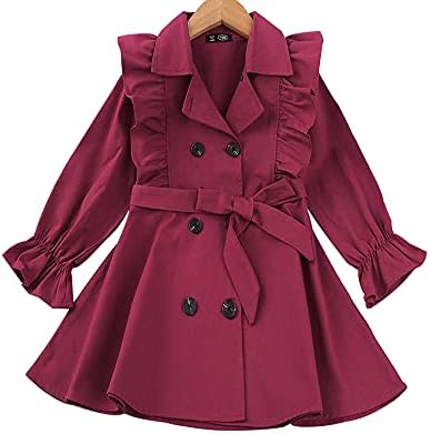 GLIGLITTR Toddler Baby Girl Fall Double Breasted Ruffle Trim Belted Trench Coat Winter Long Sleeve Casual Windbreaker Outerwear (Wine Red, 2-3T)