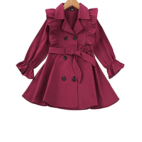 Gliglittr Toddler Baby Girl Fall Double Breasted Ruffle Trim Belted Trench Coat Winter Long Sleeve Casual Windbreaker Outerwear (Wine Red, 2-3T) #TOP19