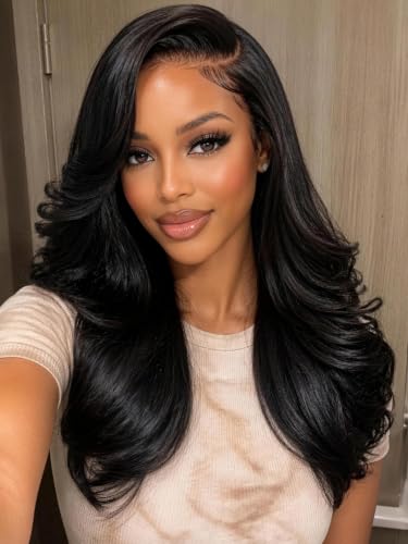 Image of KLAIYI Pre Everything Glueless Layer Side Part Loose Body Wave 13x4 Lace Front Wigs Human Hair Drawstring Curtain Bangs Face framing Pre Bleached Knots Pre Plucked 3S Ready to Put On and Go Wig 16Inch