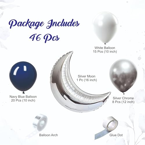 Image of Balloon Decoration Kit - 46 PCS White, Blue & Silver Balloons with Moon Foil Balloon for Birthday, Weddings, Anniversary & Events Garland Set | Birthday Decoration Items for Kids & Adults