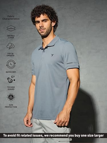 Image of TECHNOSPORT Men's Solid Slim Fit Polo Collar T-Shirt TECHNOCOOL+ Half Sleeve Button Polyester for Gym Running Workout UPF50+ Anti Odour