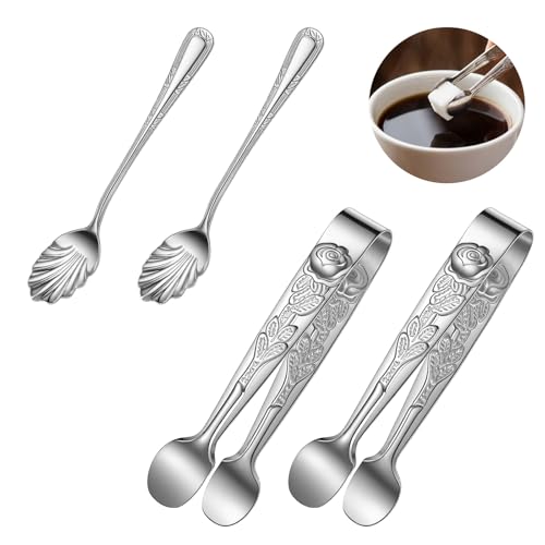 Elegaperma 4pcs Sugar Tongs for Sugar Cubes, Tiny Sugar Cube Tongs, Rose Relief Handle and Petal Spoon for Sugars Cubes Tea, Coffee, Appetizers & Desserts,Silver
