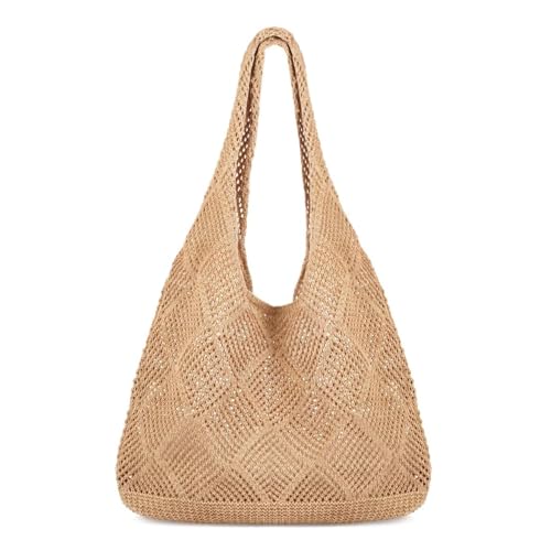 Bolsa de praia de crochê, bolsa de praia de verão para mulheres, sacola de malha estética, bolsa hippie, bolsa de malha, B - cáqui