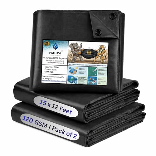 Image of Premium 15x12ft Black Tarpaulin, Thadika, 120 GSM Virgin Tharpai Sheet, Heavy Duty Waterproof Tadpatri Cover with Reinforced Eyelets & UV Protection, Ideal for Trucks, Farms, HomeUse, 2 Sheets