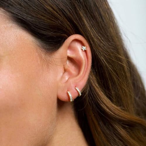 Image of Freekiss 3 Pairs Gold Hoop Earrings Set: Dainty Stud Earrings Trendy Small 14K Gold Plated Hypoallergenic Dangle Cartilage Huggie Hoop Earrings for Women Gold Jewelry for Women Gifts