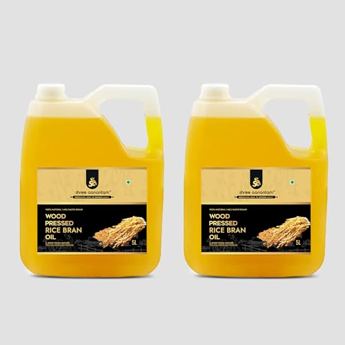 Image of Shree Aanantam Cold Pressed Rice Bran Oil - 5 Litre | Bottle | Kolhu /Kacchi Ghani /Chekku | 100% Pure & Natural | Chemical-Free | Wood Pressed Rice Bran Oil for Cooking (5L (Pack of 2))