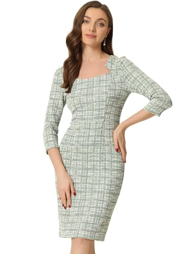 Allegra K Elegant Work Dress for Women 3/4 Sleeve Plaid Tweed Bodycon Dresses Green S