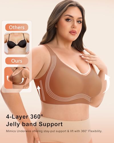 obind Wireless Jelly Bras for Women Supportive Push Up Bra Full Coverage No Underwire Seamless Plus Size Comfort Everyday Older T-Shirt Bralette Coffee — view 2