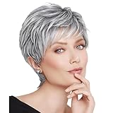 BECUS Grey Wig Silver Gray Pixie Cut Wig Gray Wigs for White Women Lady Short Wigs Layered Synthetic for Halloween & Cosplay Daily Use(Grey Mix Black)