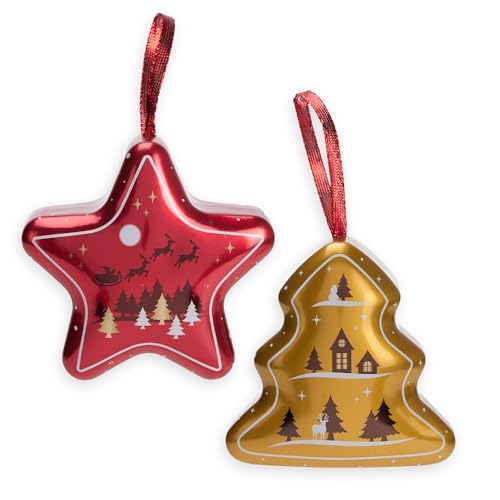 Weihnachts-Anhänger mit 3 Schokokugeln aus Vollmilchschokolade (2er Pack, zufällige Auswahl Stern oder Tannenbaum) – Christbaumschmuck mit Aufhänge-Schlaufe – dekorative Süßigkeiten, 30g je Dose