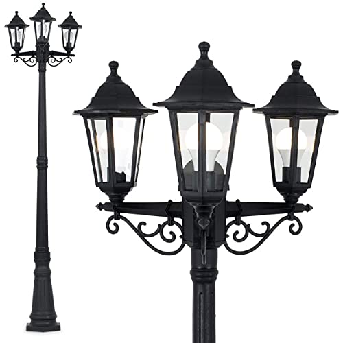 CGC Lighting Black Outdoor Three Traditional Tall Post Lantern Vintage Triple Head Light Garden Patio Lamp Weatherproof Corrosion Resistant Outside Door Rust Proof Coastal Exterior Victorian