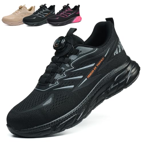 TQGOLD Scarpe Antinfortunistiche Uomo Donna Leggere Scarpe da Lavoro Traspiranti Scarpe Sicurezza Antiscivolo Scarpe da Cantiere Regolazione Rapida dei Lacci (Nero,40EU)