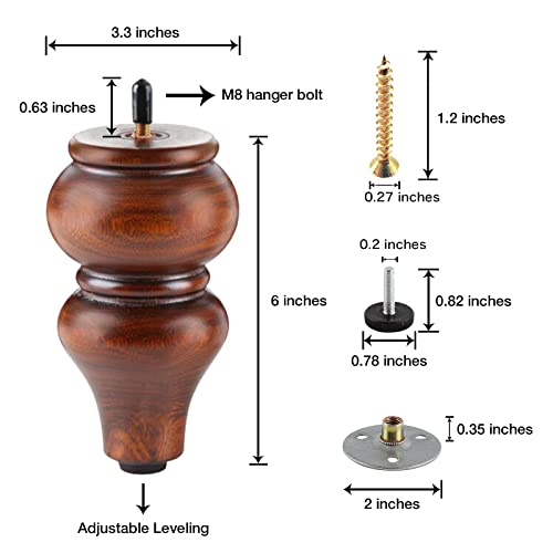 Wood Furniture Legs 6 Inch - Sofa Legs Set Of 4 Replacement Couch Legs - Round Furniture Feet Replacement For Legs For Furniture - Sofa Legs, Chair, Dresser, Ottoman, Coffee Table, Cabinet, Etc. Brown #TOP4