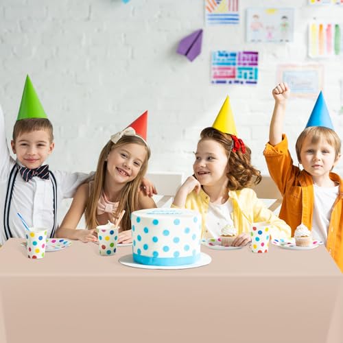 Image of tujol Beige Disposable Plastic Table Cloth Roll 54 inch X 100', Plastic Table Cover with Cutter Box, Cut to Size Disposable Tablecloth for Parties