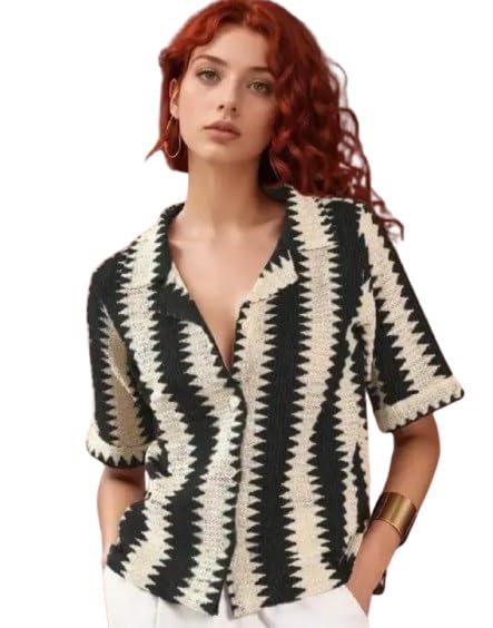 Women's Latest Crochet 3/4 Sleeve Shirt, Black and White Zigzag Pattern, Casual wear Shirt for Women and Girl's-picture-53
