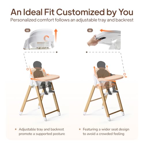 Image of Tinyiota High Chair for Babies and Toddlers, 8-Level Adjustable Foldable Convertible Baby Highchair with Removable Tray, Ergonomic Feeding Chair Transitions from Infant to Adult, Wood-Look Metal
