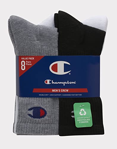Champion Men's Double Dry Moisture Wicking Crew Socks 6, 8, 12 Packs Availabe, White/Grey/Black-8 Pack, 6-12 #TOP2