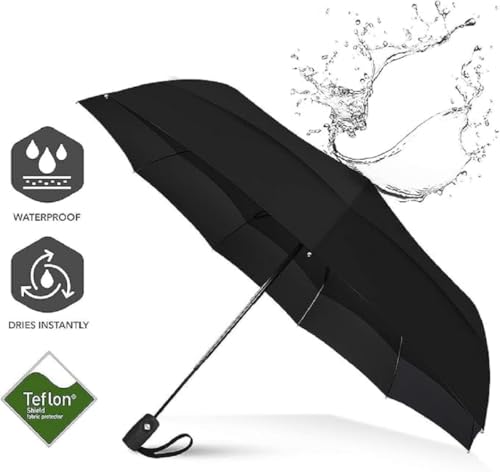 Image of Automatic Travel Umbrella Windproof 3-Fold Compact Design with Auto Open Close Button, Strong Metal Frame Folding Rain Umbrella with Ergonomic Handle for Men Women Car Travel Black