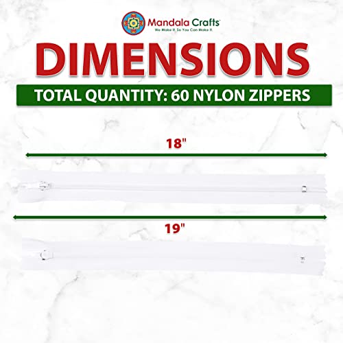 Image of Mandala Crafts 60 PCs White Closed-End 18 Inch Nylon Zippers for Sewing