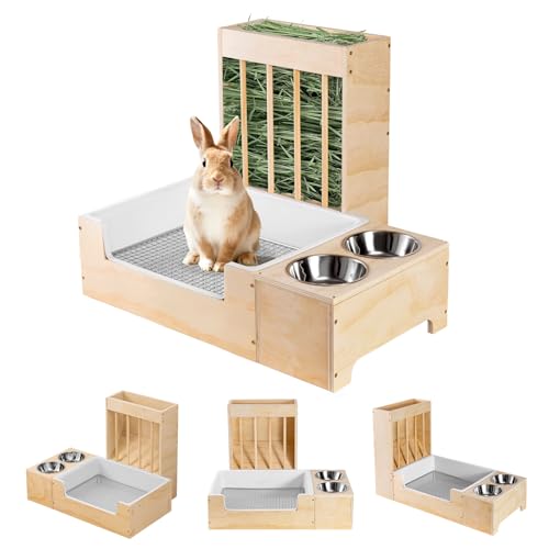 Large 3 in 1 Rabbit Litter Box with Hay Feeder and Bowls Set, Woo...