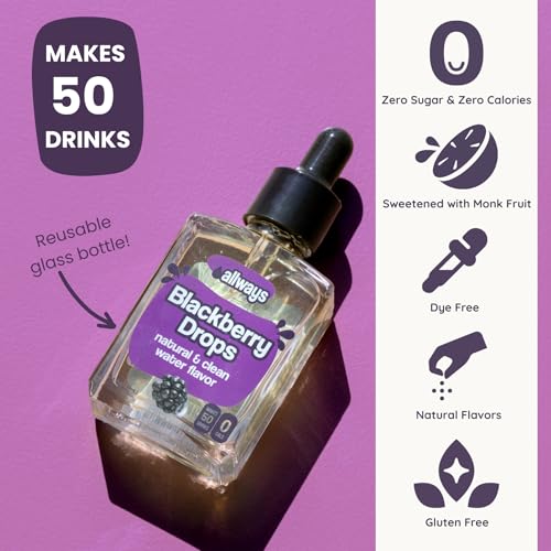Image of Allways Drops Natural Blackberry Water Enhancer | Sugar-Free, Zero Calories, Monk Fruit Sweetened | Glass Bottle for On-the-Go Hydration | Kids & Adults | 50 Servings