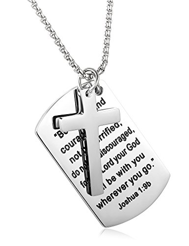 Loyallook Stainless Steel Dog Tags Cross Necklaces Inspirational Jewelry Gift For Men Bible Prayer Joshua 1:9B Silver Tone #TOP5