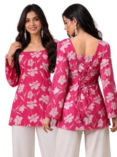 Image of Rayon Floral Print Short Kurti for Women | Square Neck Long Sleeve Top for Women | Criss Cross Back Desing Kurti | Soft Breathable Fabric | Relaxed Fit | Casual and Office Wear