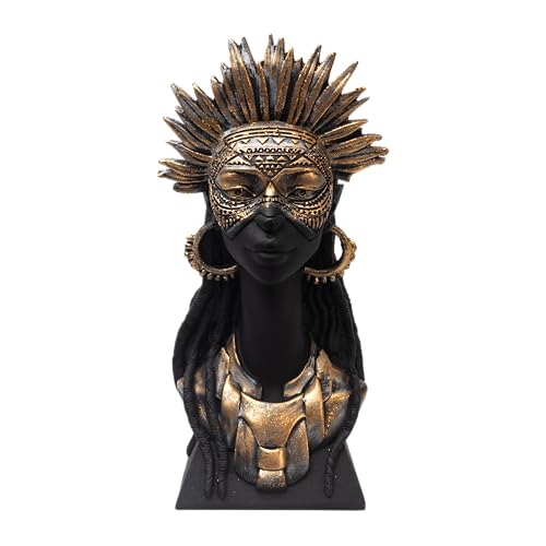 Image of Tribal Queen Bust Sculpture Black and Gold Resin Figurine with Feathered Headdress and Dreadlocks, African Queen Decorative Statue for Living Room, Office, Shelf, Tabletop Home Decor