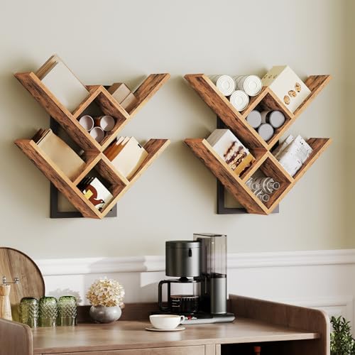 Image of HOOBRO Floating Shelves for Wall, Set of 2 Wall Mounted Shelves, 2-Tier Wooden Tree Bookshelf, Hanging Shelves Storage Rack, for Living Room, Kitchen, Office, Rustic Brown and Black BF54BJP201