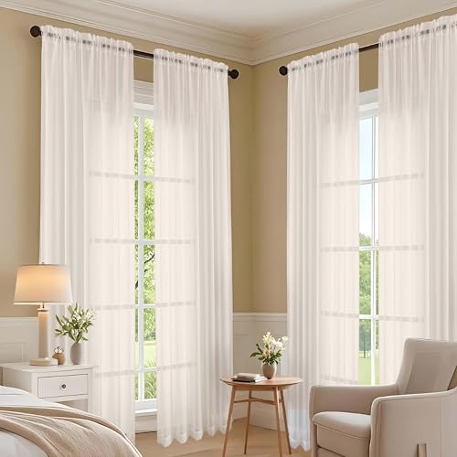 Image of OVZME Cream Sheer Curtains 120 Inches Long 2 Panels Set, 59 Inch Extra Wide Soft Airy Lightweight Sheer Curtains for Living Room, Farmhouse Voile Filmy Rod Pocket Drapes, 59Wx120L Inches