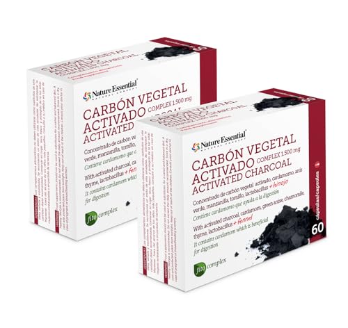 Nature Essential | Carbón Vegetal Activado 1500 mg | 60 Cápsulas | 2 Unidades | Anís Verde, Tomillo, Manzanilla e Hinojo | Disminuye Gases Intestinales e Hinchazón Abdominal