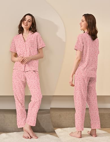 Image of NAP BOUND 100% Cotton Women's Pajama Sets Short Sleeve Button Down Soft Pjs 2 Piece Lounge Set with Pocket Nightwear XS-XXL