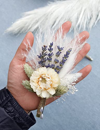 Dried Flowers Boutonniere For Men 2 Pieces, Groomsmen Best Man Boutonniere,Boho Fall Wedding Anniversary Decorations (Lavender) #TOP5