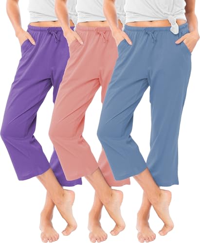 Image of Sexy Basics Women's 100% Cotton Lounge Pants | Capri Style Pajama Sleep Bottoms | Drawstring & Pockets |Multi-Packs & Colors