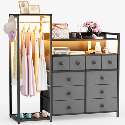 Image of HPWLYO Black Dresser for Bedroom with Clothes Rack, 10 Fabric Drawers Dresser with LED Light, Tall Storage Chest of Drawers, Dressers & Chests of Drawers, Wooden Top, Bedroom, Closet