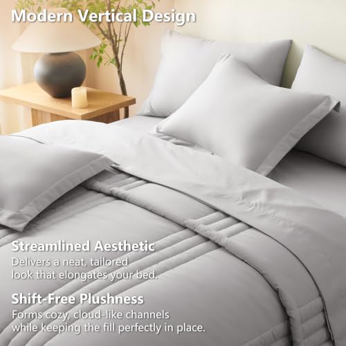 Image of CozyLux Queen Comforter Set French Grey - 7 Pieces Bed in a Bag, Modern Vertical Quilted Room Decor, Soft All-Season Bedding Gift with Comforter, Sheets, Pillowcases & Shams