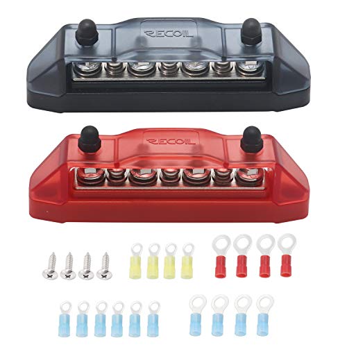 Recoil BBS43-P Bus Bar 4 x M5 Studs 3 Screw Terminals Power Distribution Block Busbar with Ring Terminals (Red+Black)