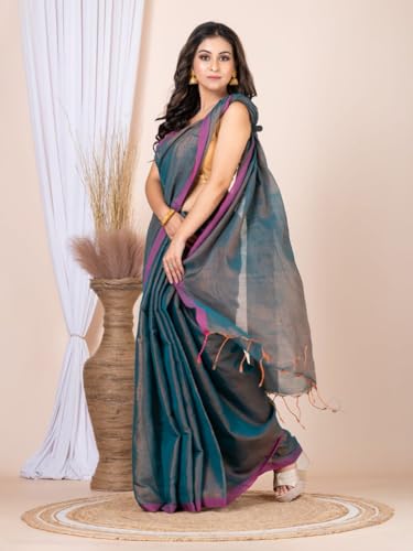 Image of Women's Tissue Cotton Saree | Plain Lightweight Tassel Pallu Saree with Blouse