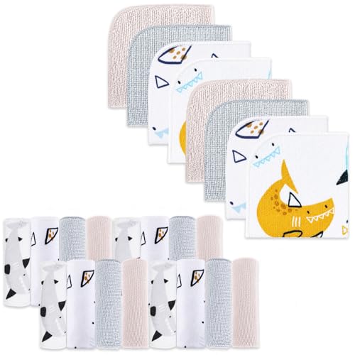 Image of Baby Washcloths, 24Pack Baby Wash Cloths Extra Soft & Ultra Absorbent, Baby Towels and Washcloths Face Towels for Unisex Boys Girls Body, Washclothes Gentle on Sensitive Skin, 9x9 Shark