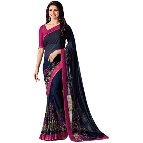 Ethnic Closet Indian Pink & Blue Bollywood Sari Floral Printed Georgette Wrap Saree Blouse 6YD Cover