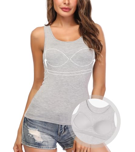 ANYFITTING Damen Unterhemd mit Integriertem BH Tank Top ärmellose Shirts Basic U-Ausschnitt Eingebauter BH Bügelloser Gepolstert Tank Tops Sommer Yoga S-3XL