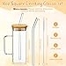 Rtteri 6 Set Square Drinking Glass Cups with Bamboo Lid Straw and Handle Appreciation Gifts for Employee Coworker Portable Coffee Mugs(16 oz, Medium,Clear)
