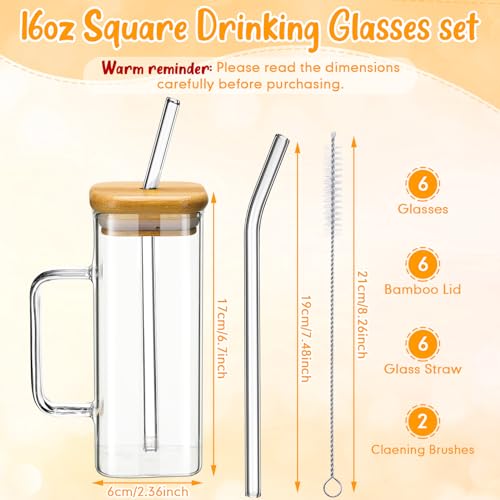 Rtteri 6 Set Square Drinking Glass Cups with Bamboo Lid Straw and Handle Appreciation Gifts for Employee Coworker Portable Coffee Mugs(16 oz, Medium,Clear)