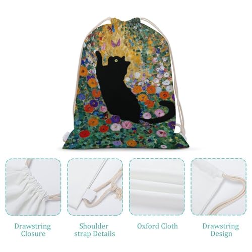 Black Cat Flower Garden Butterflies Drawstring Backpack Canvas String Bag Lightweight Sports Gym Bag for Men Women4