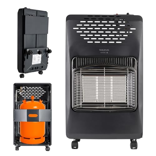 Taurus Gas Compact - Estufa de gas butano, estufa plegable, 4.2kW, 3 niveles de potencia, encendido piezoeléctrico, triple sistema de seguridad, 5 ruedas, bombona carga butano de máx 15kg