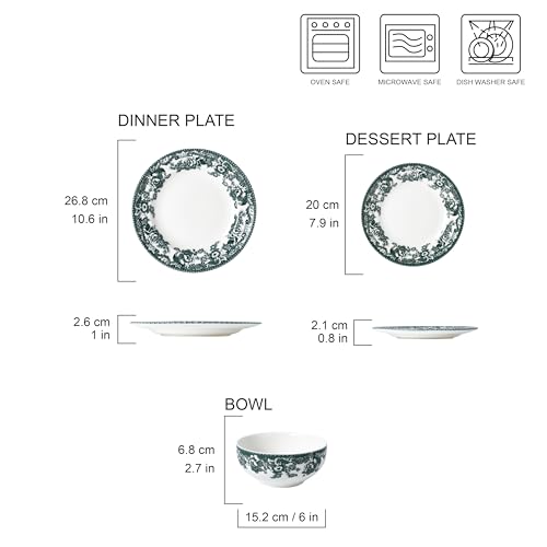 Image of Joseph Sedgh Collection Montana Chip-Resistant Porcelain Dinnerware Set, 12-Piece, Elegant Green Floral Border